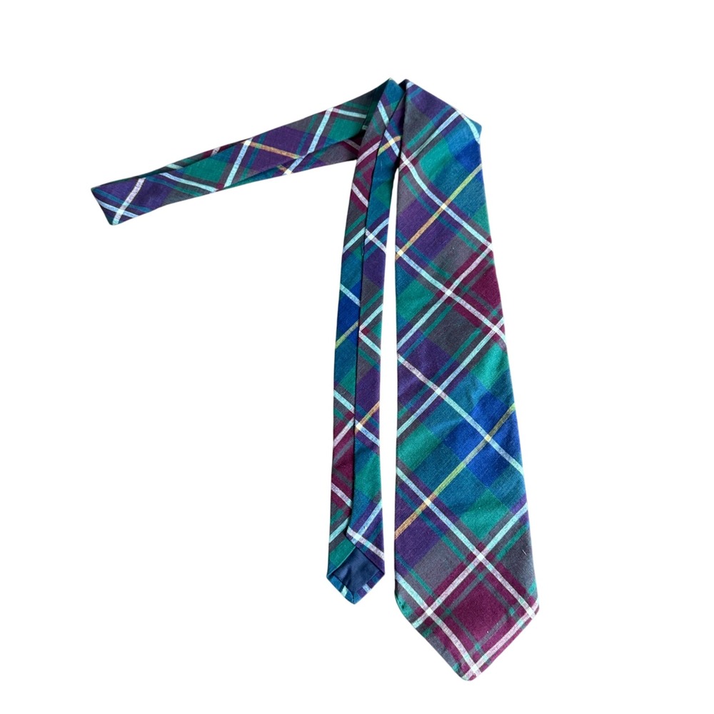 Vintage ROOSTER Brand 100% Cotton Made in USA jewel tone Plaid Standard neck tie